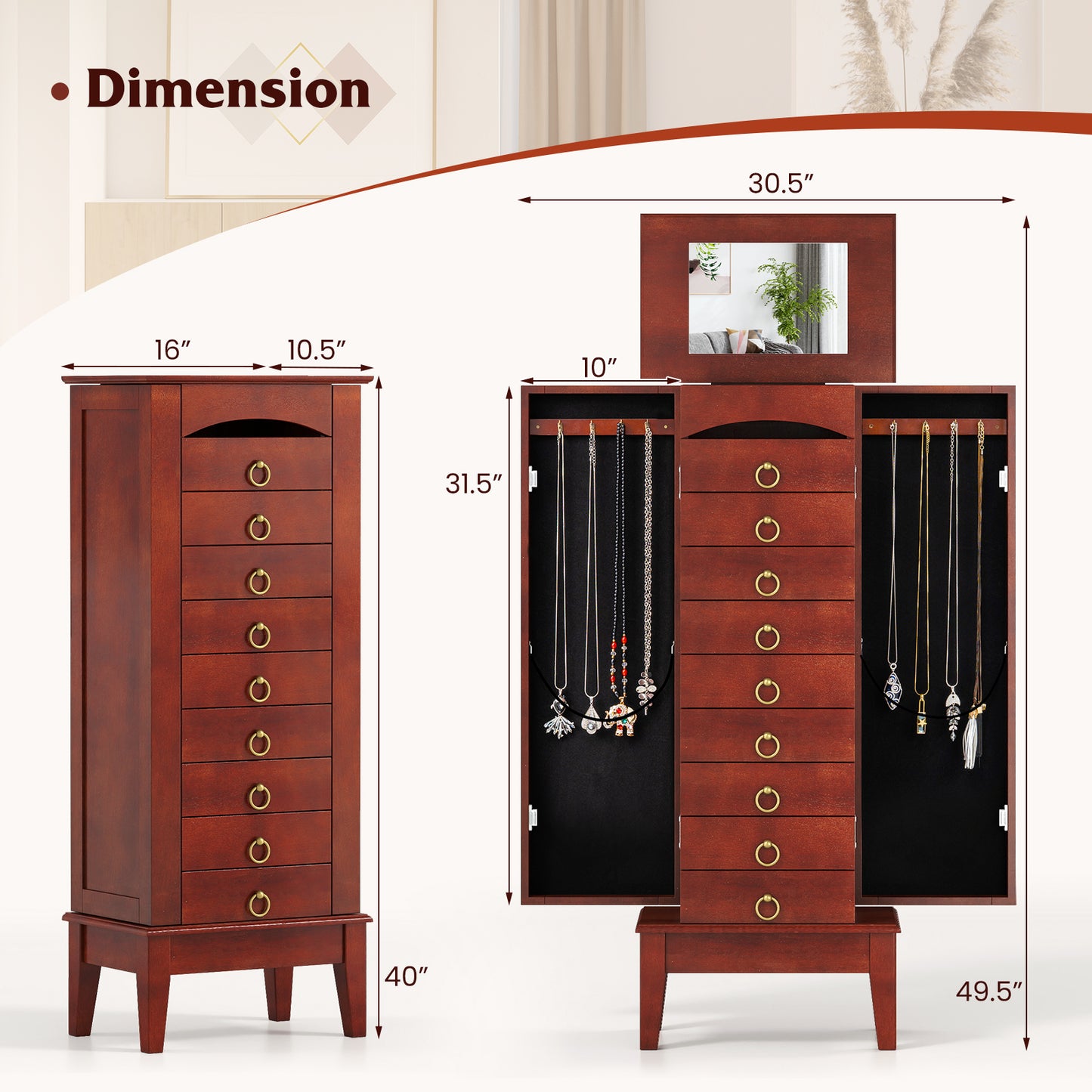 Jewelry Storage Cabinet with 9 Drawers and Flip-Top Mirror