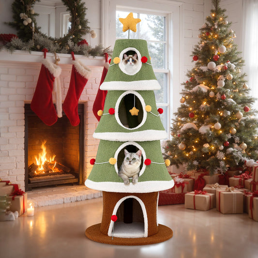 Large Christmas Cat Tree for Indoor Cats 61 Inch Cute Cat Tower with 4 Condos-Green