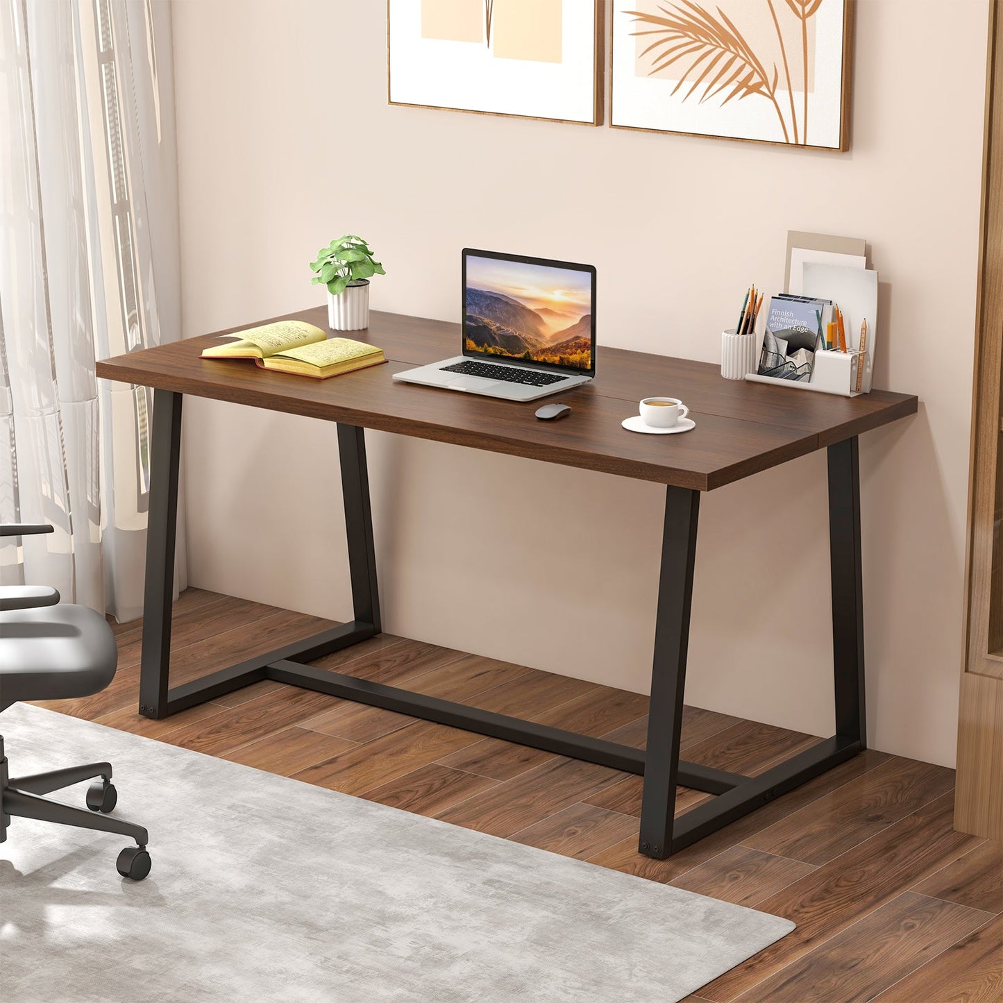 Large Dining Table with Heavy-duty Metal Frame and Anti-slip Foot Pads