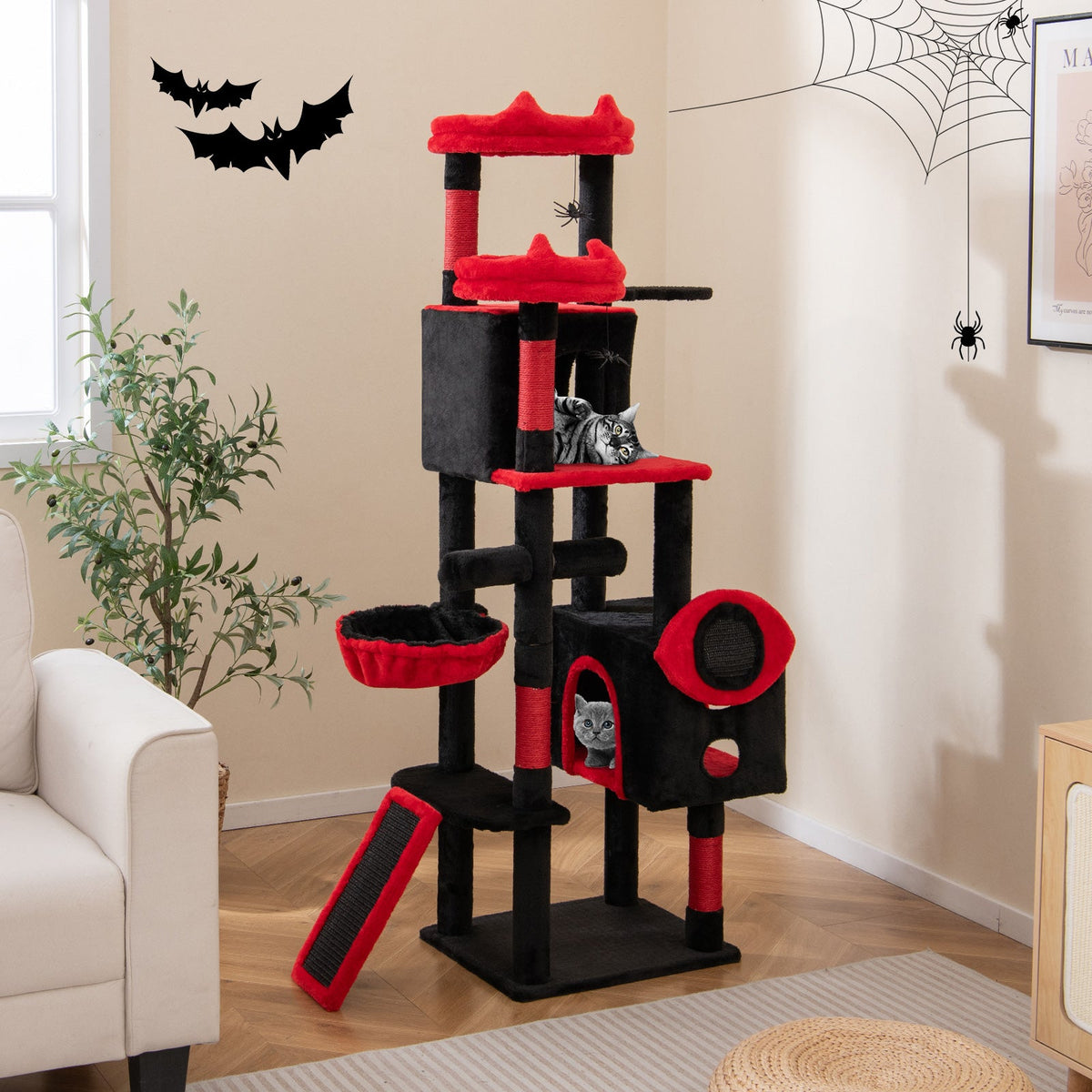 Large Gothic Cat Tree with Cat Condos and Plush Perches-Black & Red