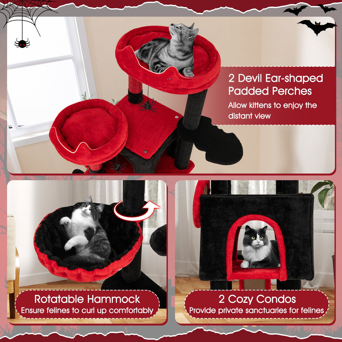 Large Gothic Cat Tree with Cat Condos and Plush Perches-Black & Red