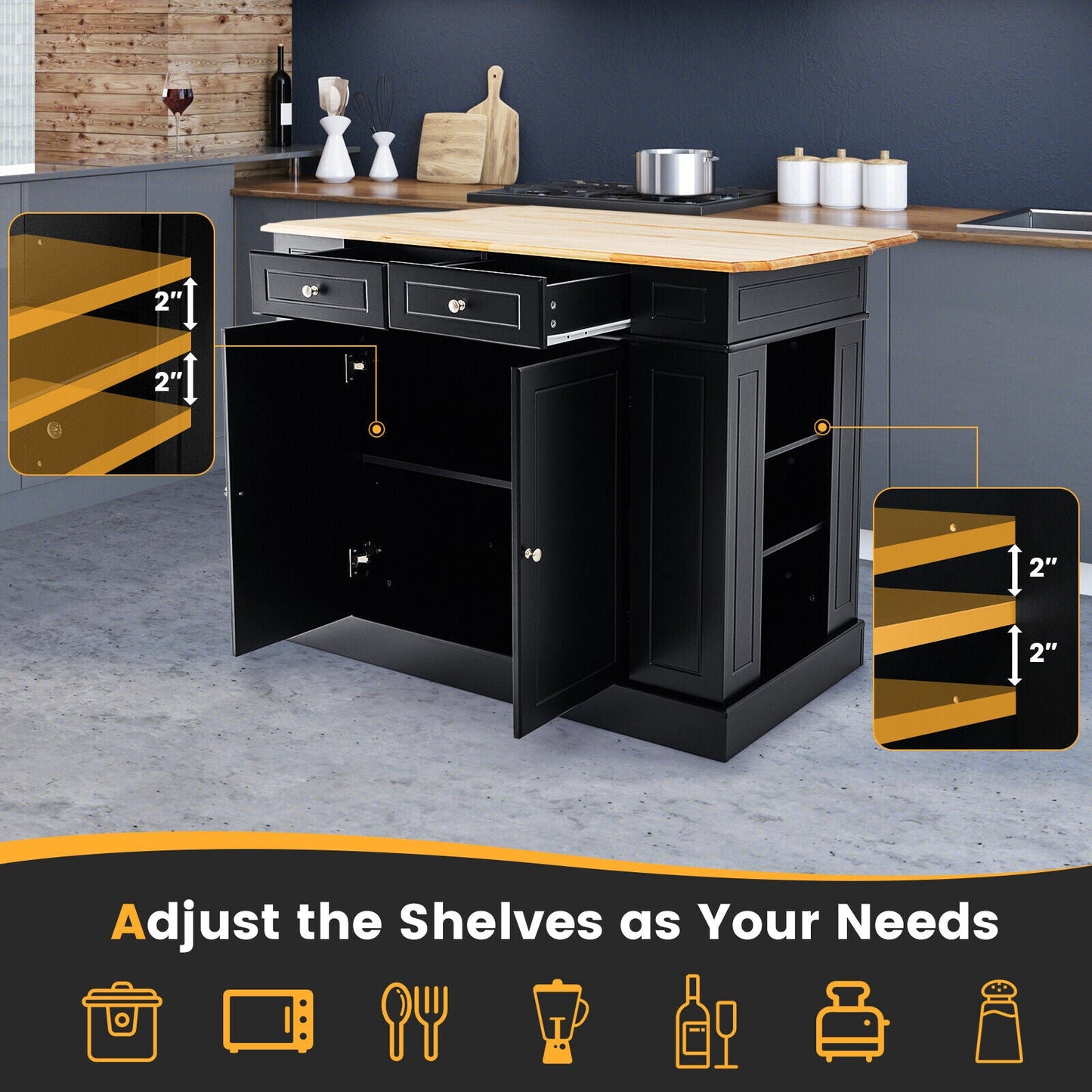 Kitchen Island with Storage and 3-Level Adjustable Shelves