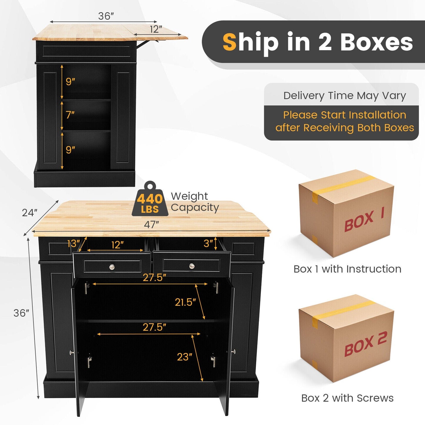 Kitchen Island with Storage and 3-Level Adjustable Shelves