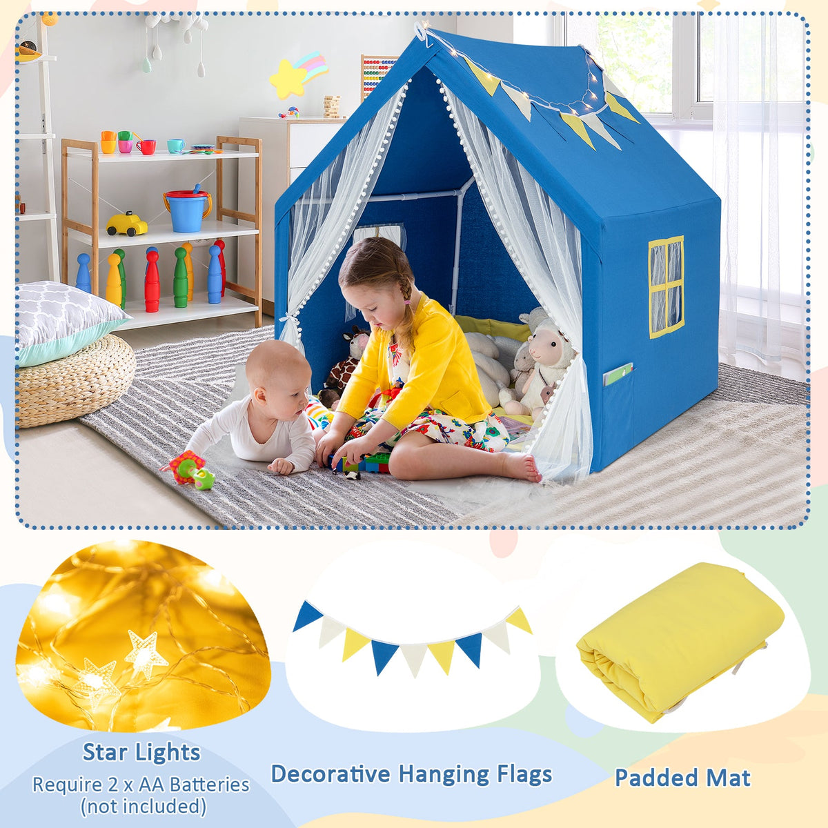 48 x 42 x 50 Inch Large Play Tent with Washable Cotton Mat Holiday Birthday Gift for Kids