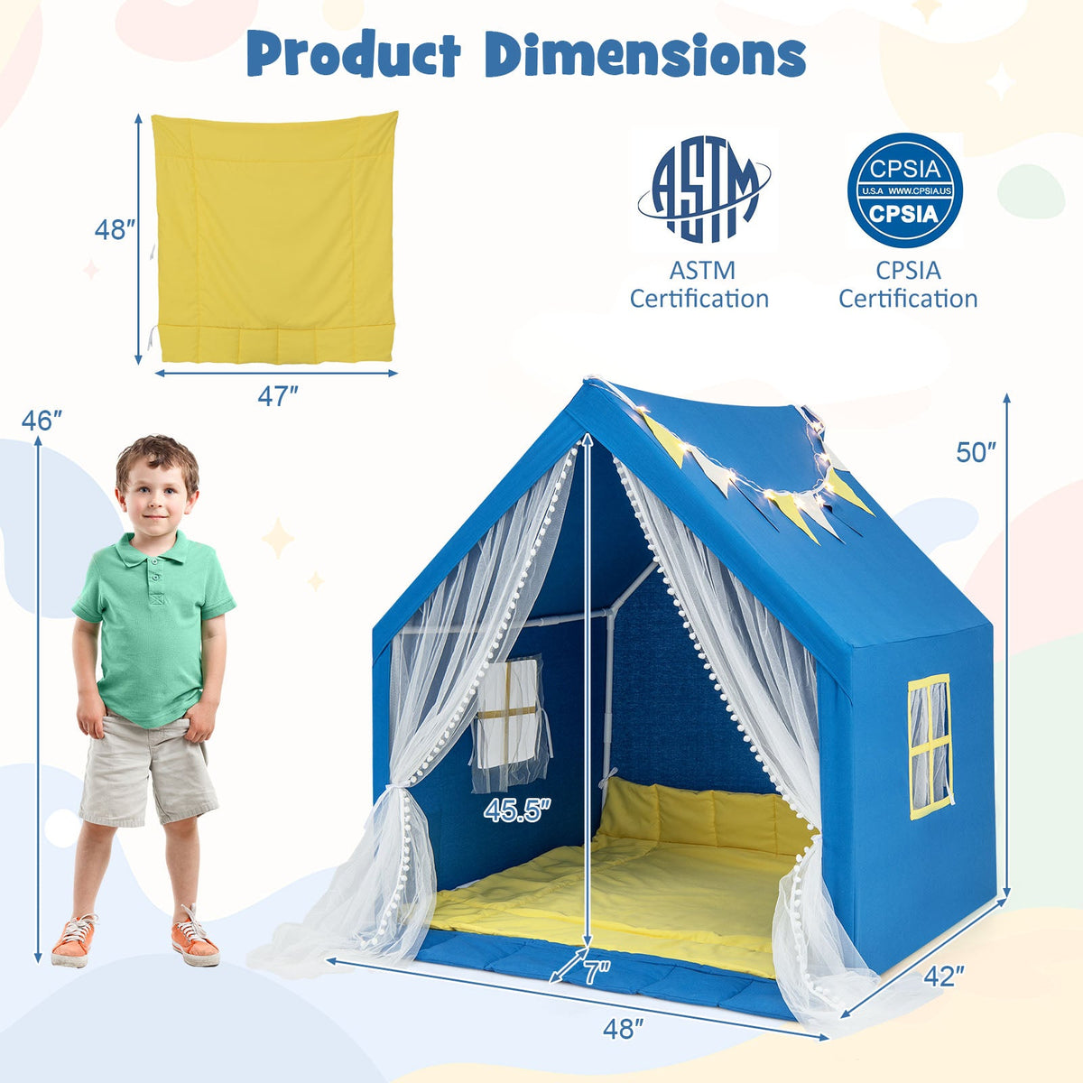 48 x 42 x 50 Inch Large Play Tent with Washable Cotton Mat Holiday Birthday Gift for Kids