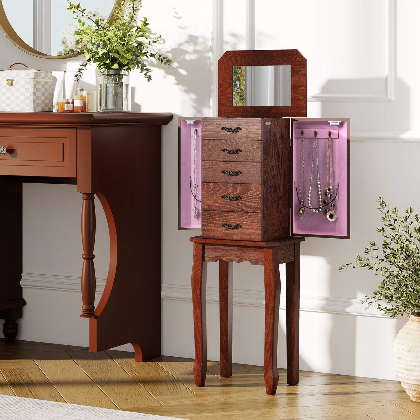 Jewelry Armoire with 5 Drawers and Mirror