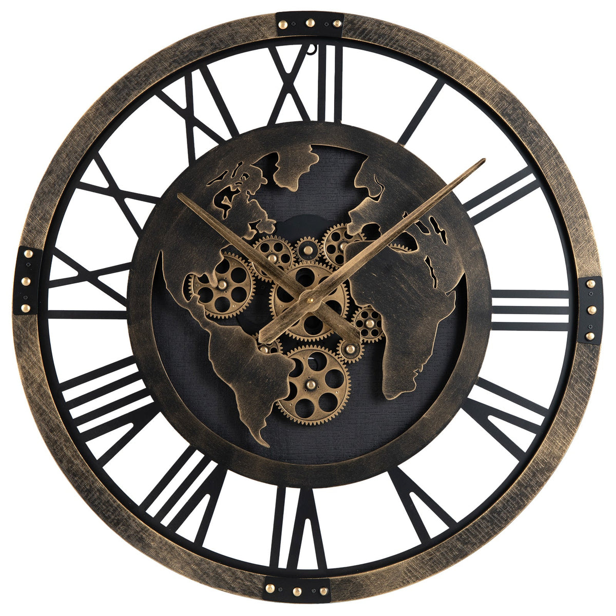 Large Wall Clock 27" Gear Clock with World Map-Brown