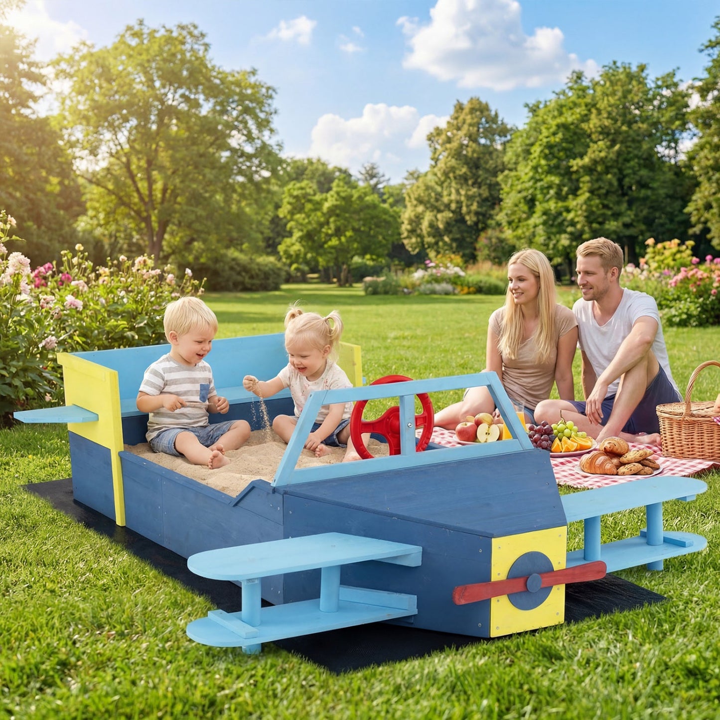 Wooden Airplane Sandbox with Bench Seat and Bottom Liner