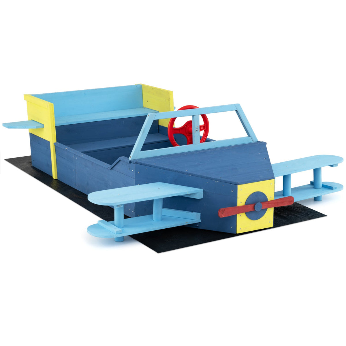 Wooden Airplane Sandbox with Bench Seat and Bottom Liner