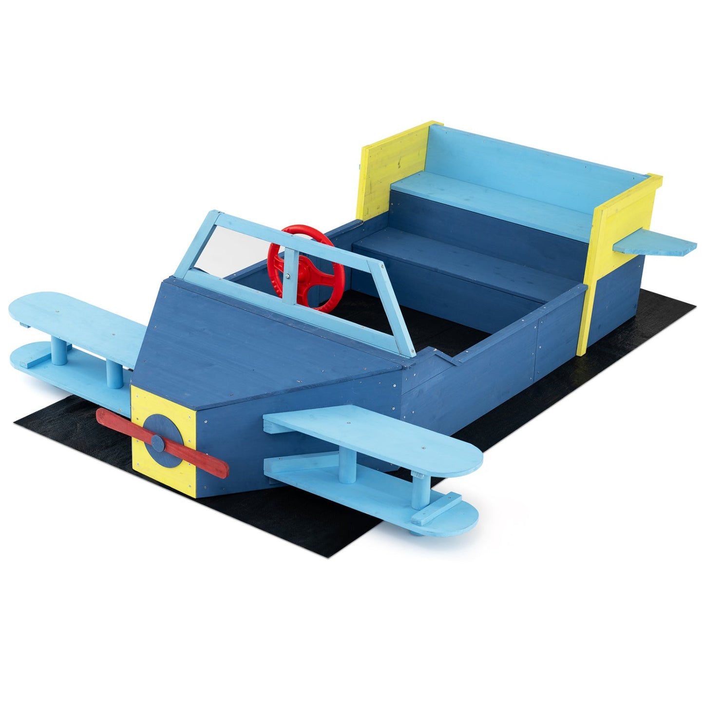 Wooden Airplane Sandbox with Bench Seat and Bottom Liner