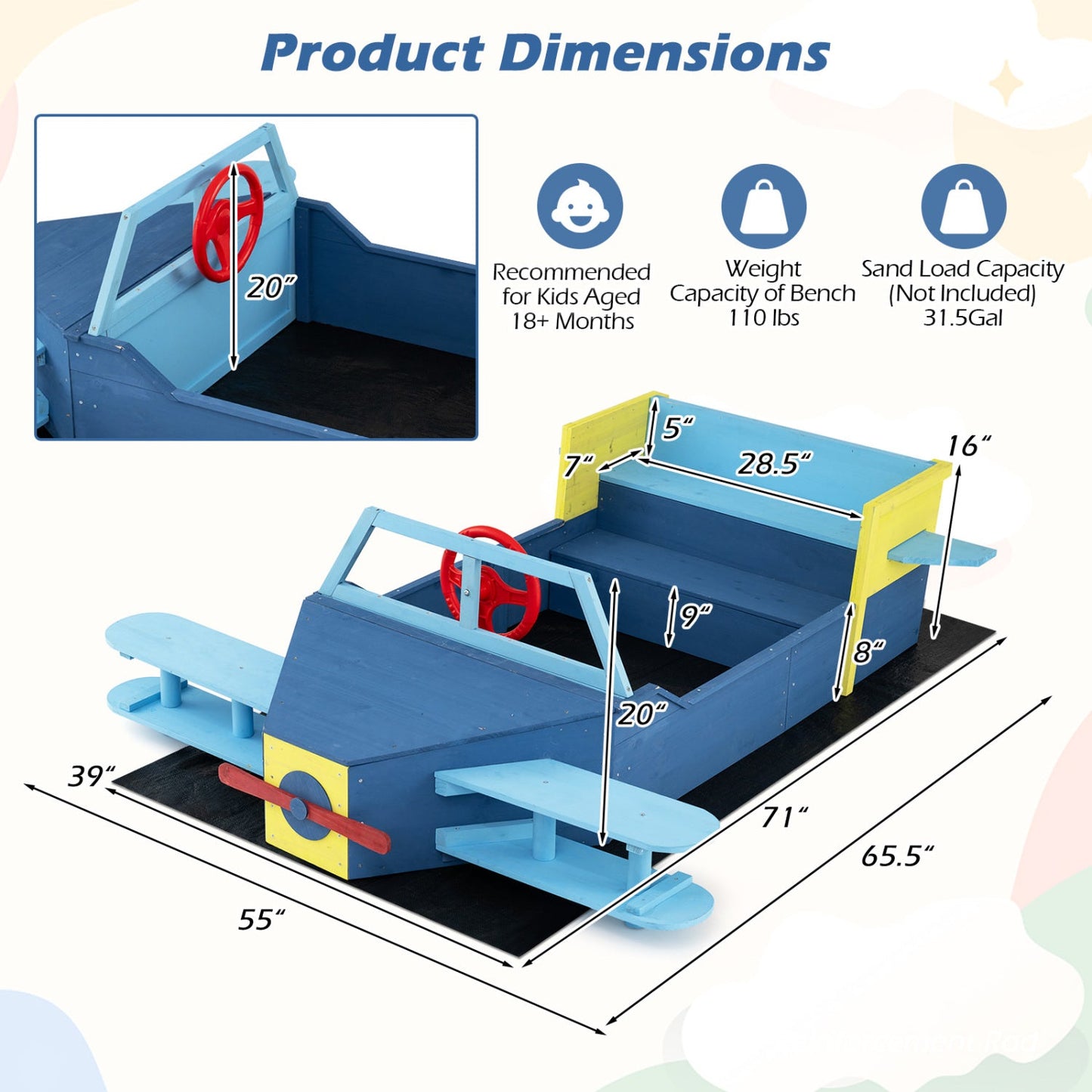 Wooden Airplane Sandbox with Bench Seat and Bottom Liner