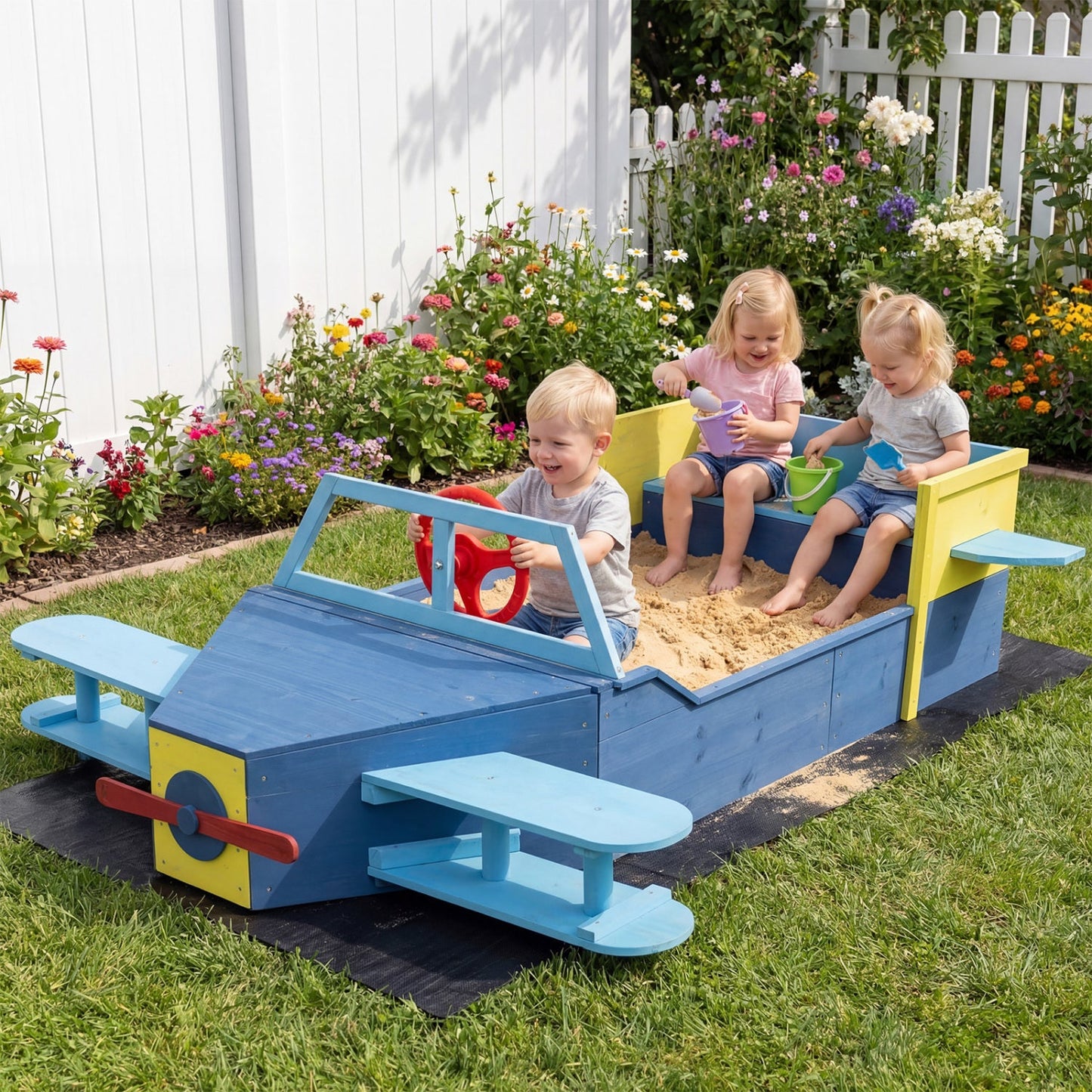 Wooden Airplane Sandbox with Bench Seat and Bottom Liner