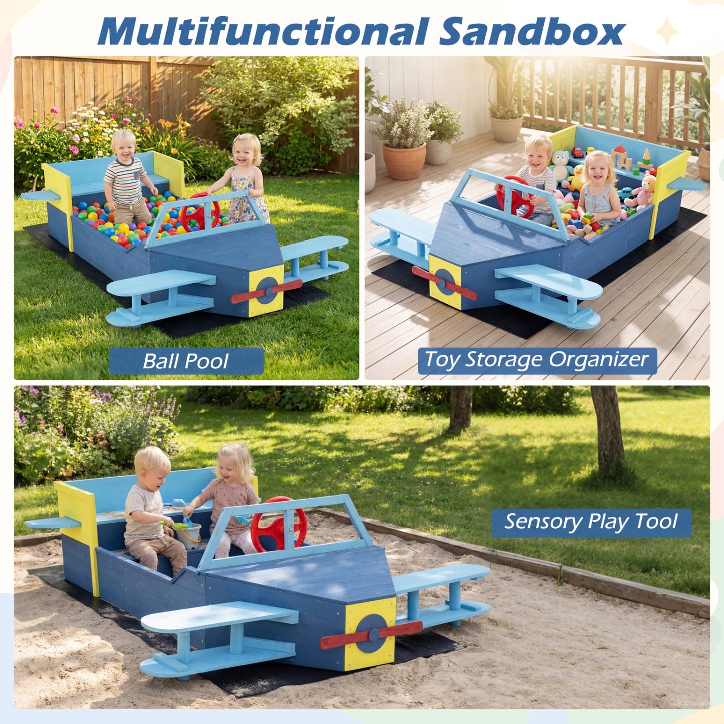 Wooden Airplane Sandbox with Bench Seat and Bottom Liner
