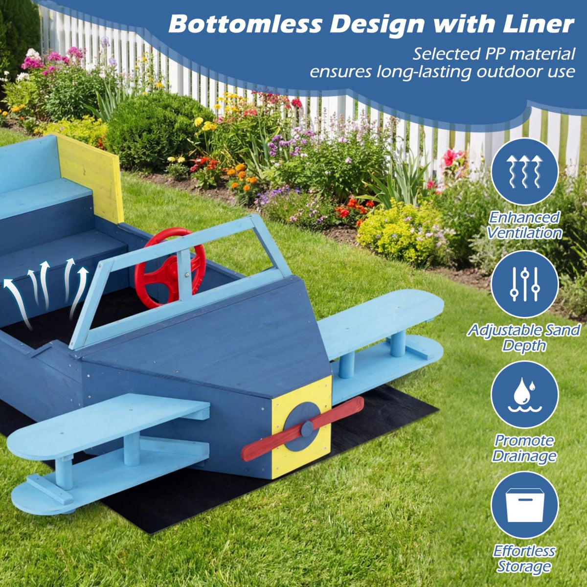 Wooden Airplane Sandbox with Bench Seat and Bottom Liner