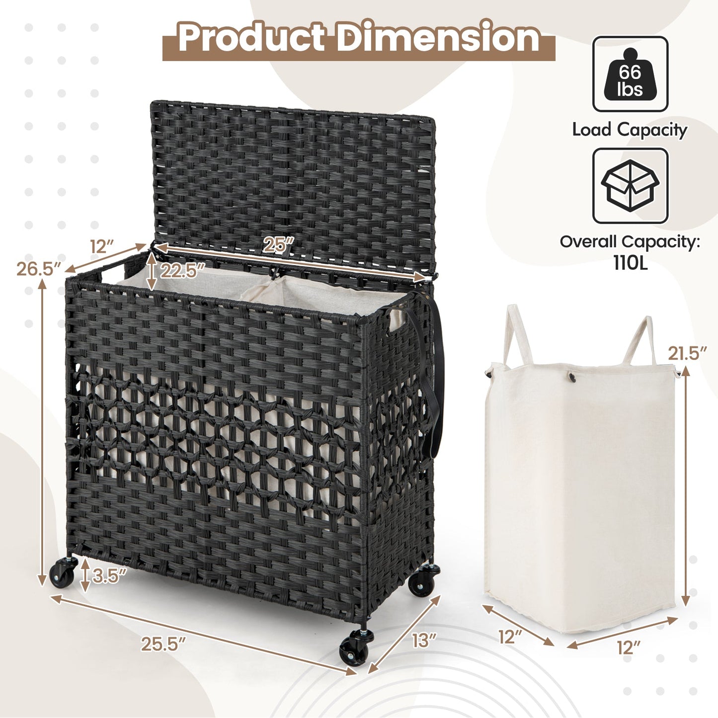 2-Section Laundry Hamper with Removable Bags, 110L