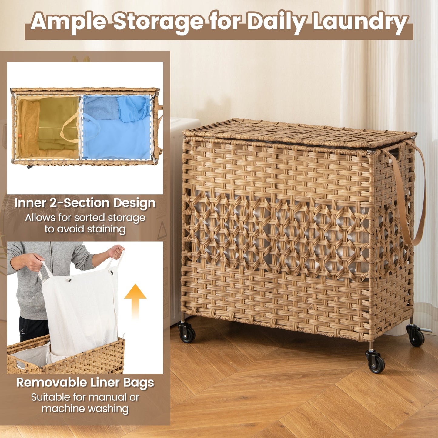 2-Section Laundry Hamper with Removable Bags, 110L