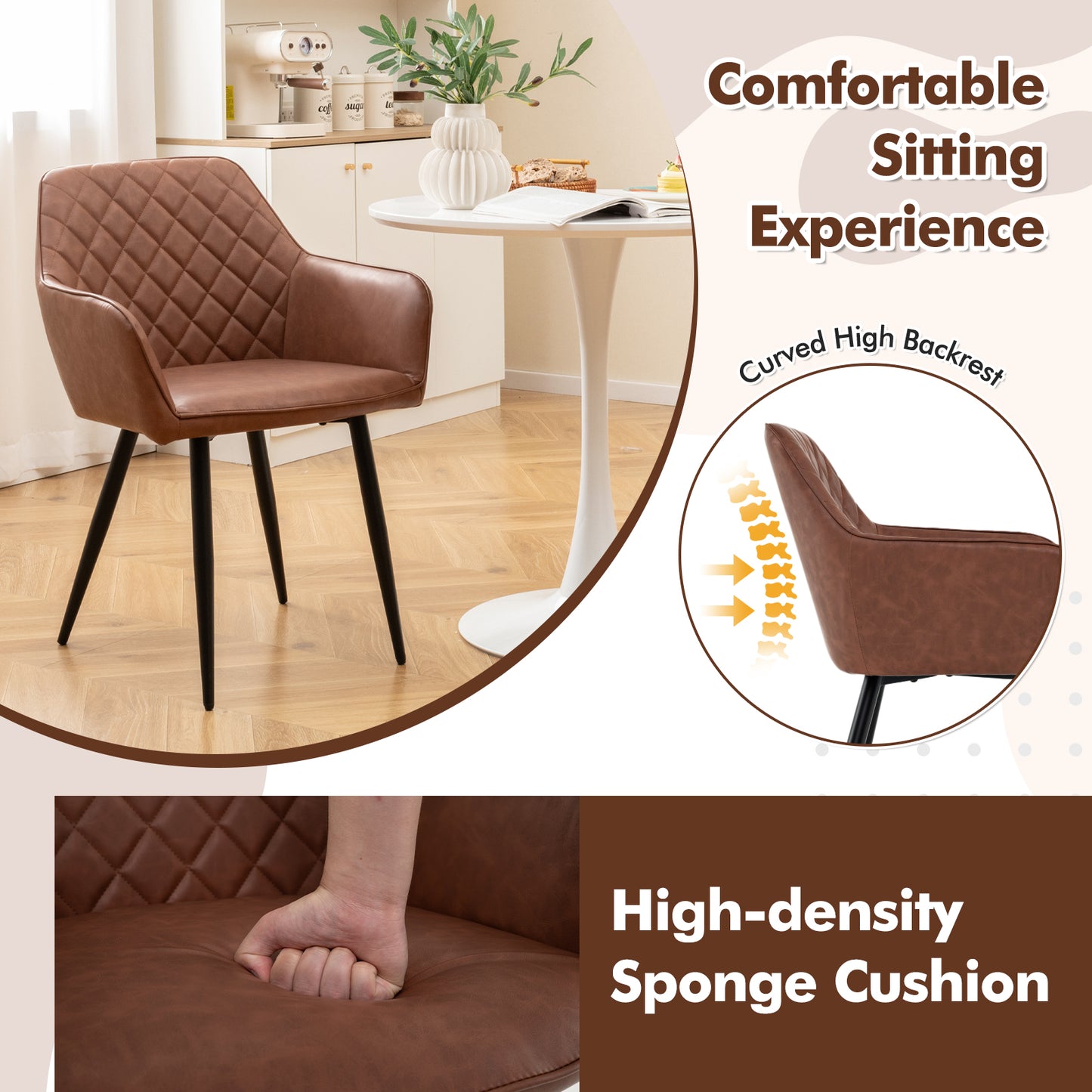 Dining Chairs Set of 2 with Curved Backrest and Wide Seat