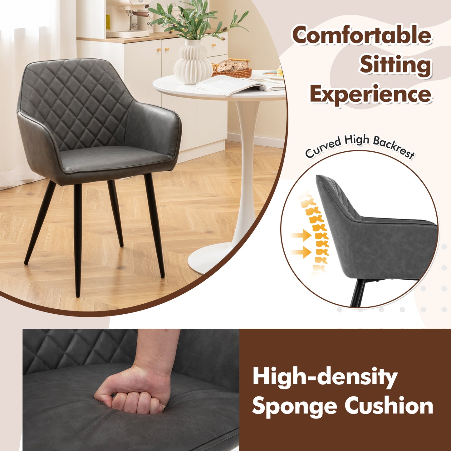Dining Chairs Set of 2 with Curved Backrest and Wide Seat