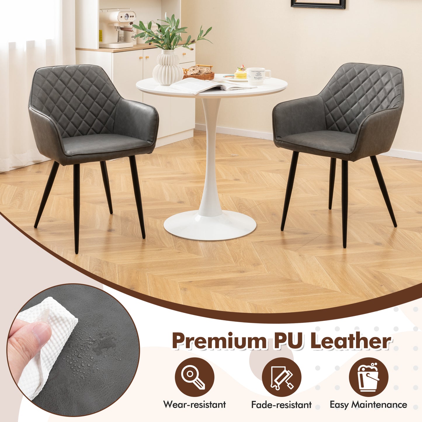 Dining Chairs Set of 2 with Curved Backrest and Wide Seat