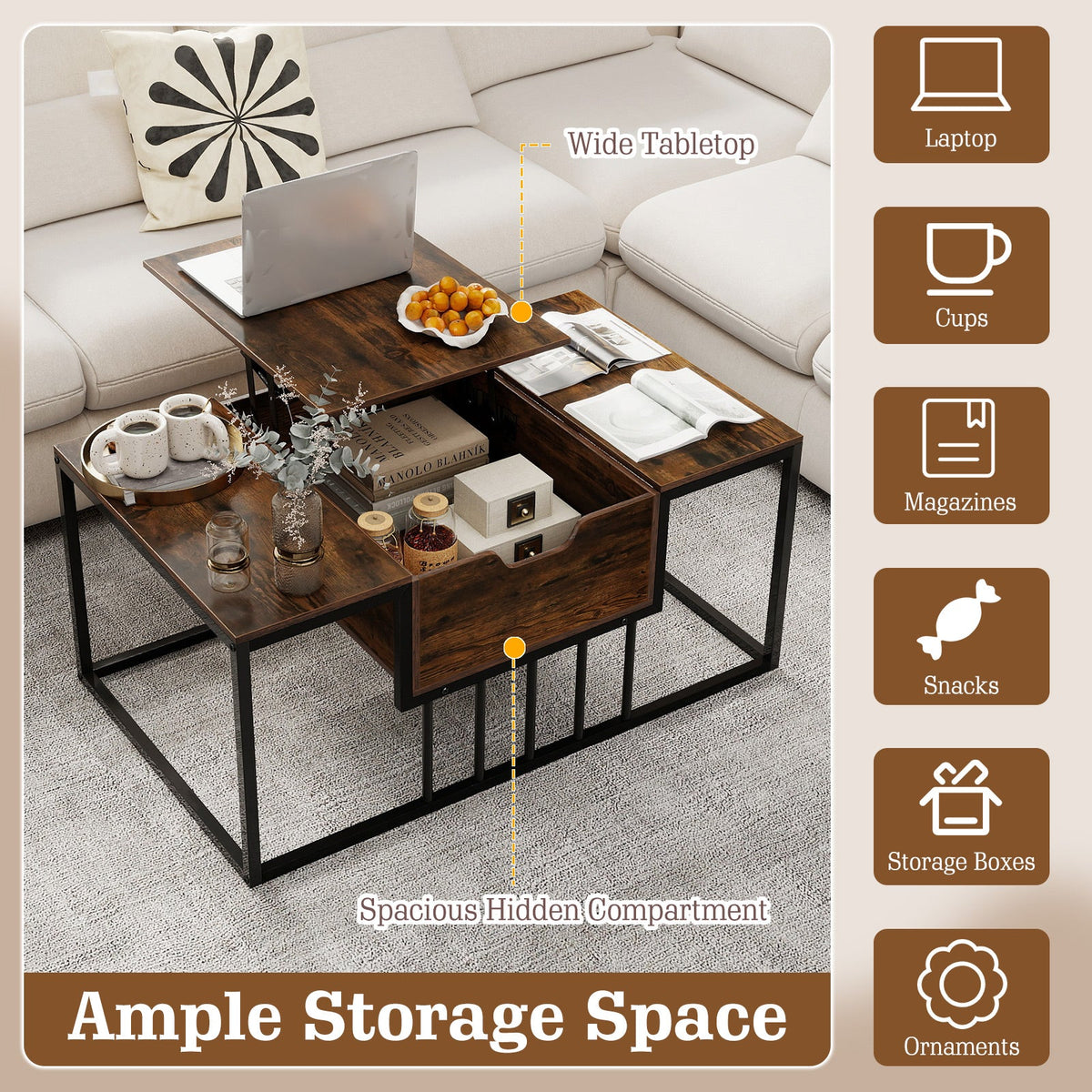 Lift Top Coffee Table Modern Center Table with Hidden Storage Compartment