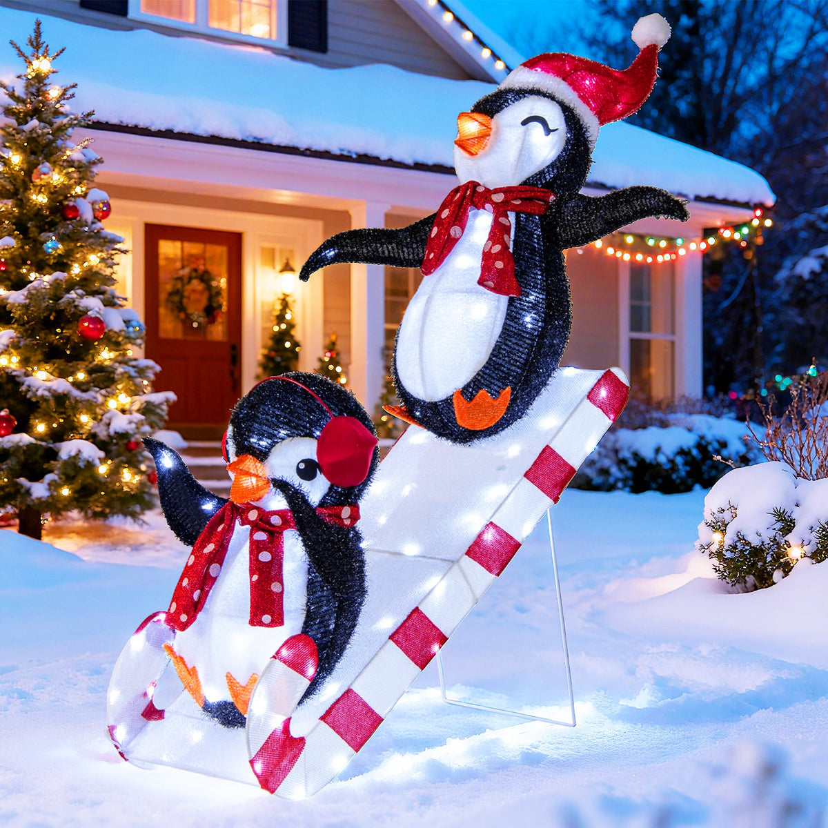 Lighted Christmas Decoration Penguins 3D Pre-Lit Penguins Slide with 170 LED Lights