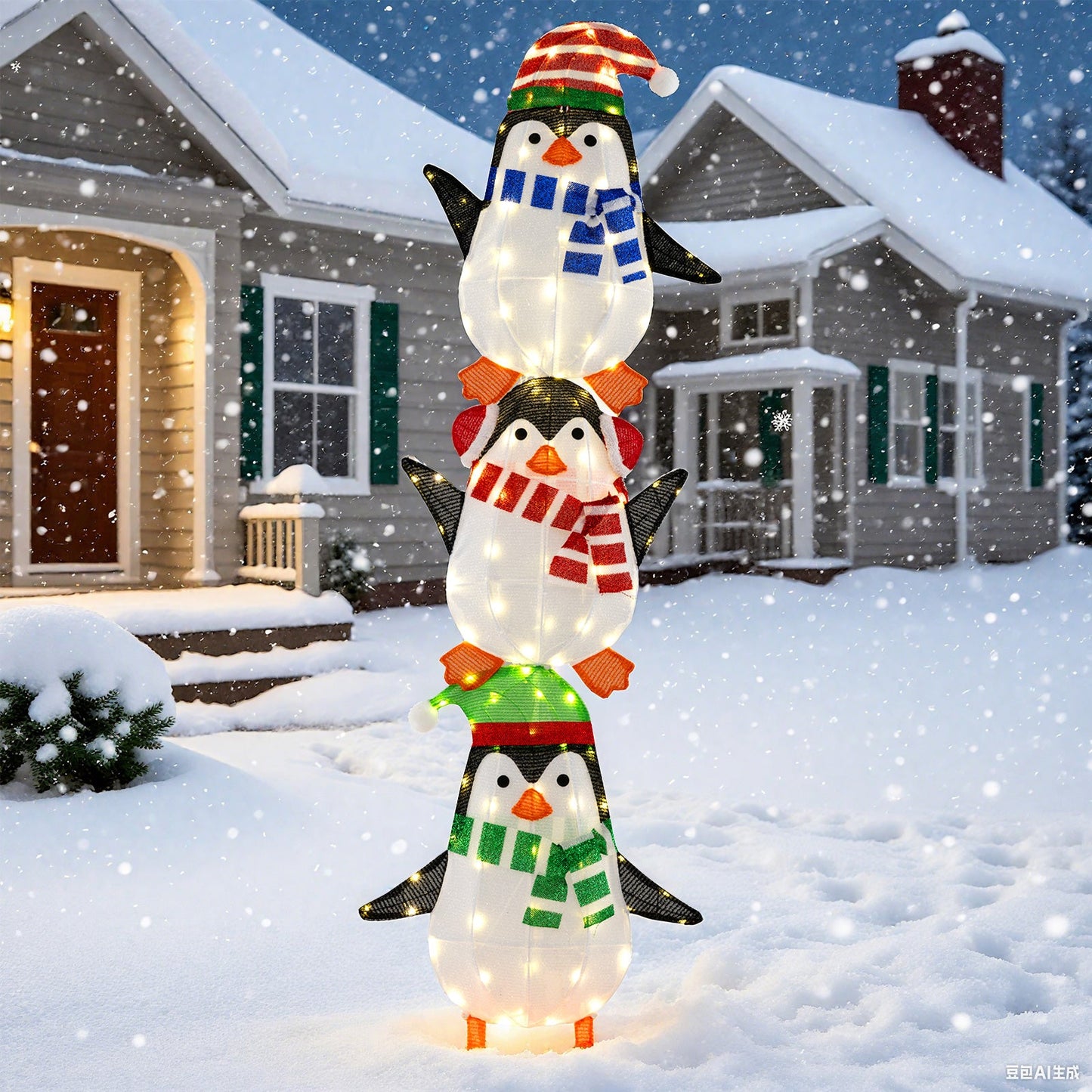 Lighted Penguins Decoration with Warm White Lights and Cute Hats