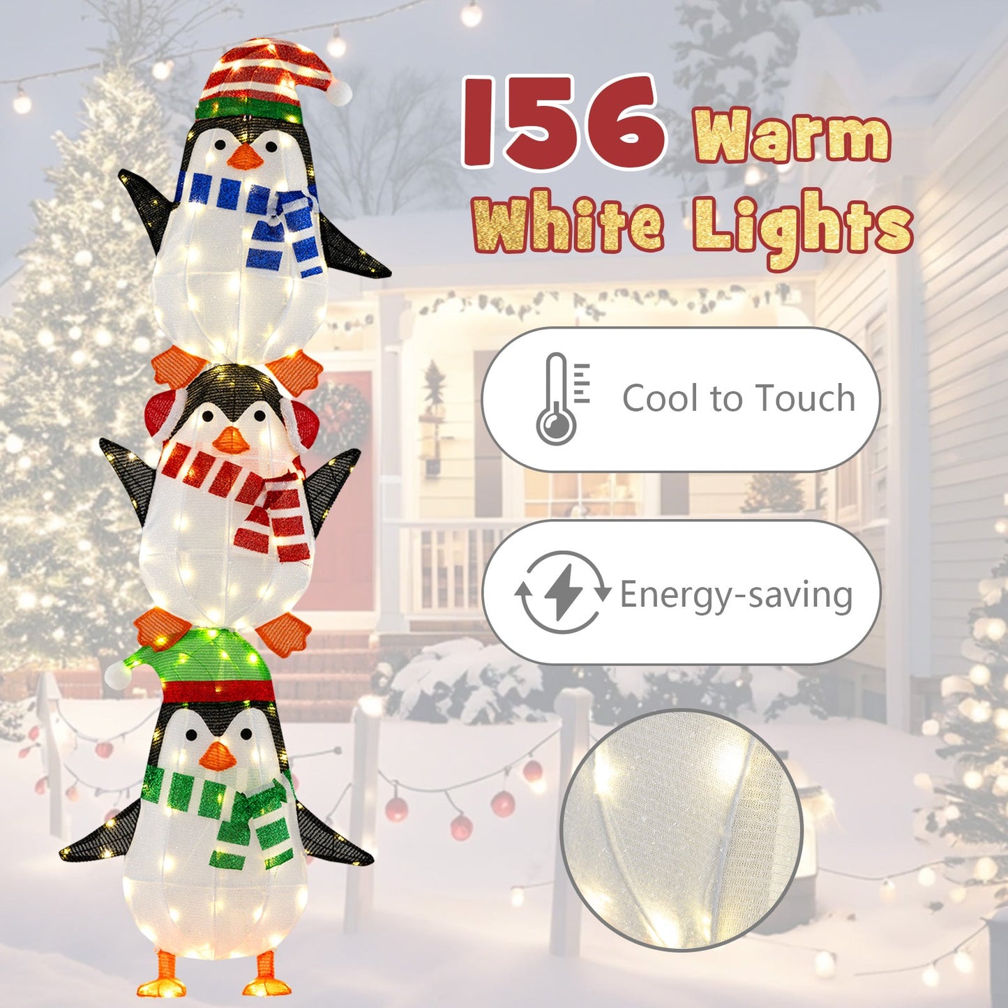 Lighted Penguins Decoration with Warm White Lights and Cute Hats