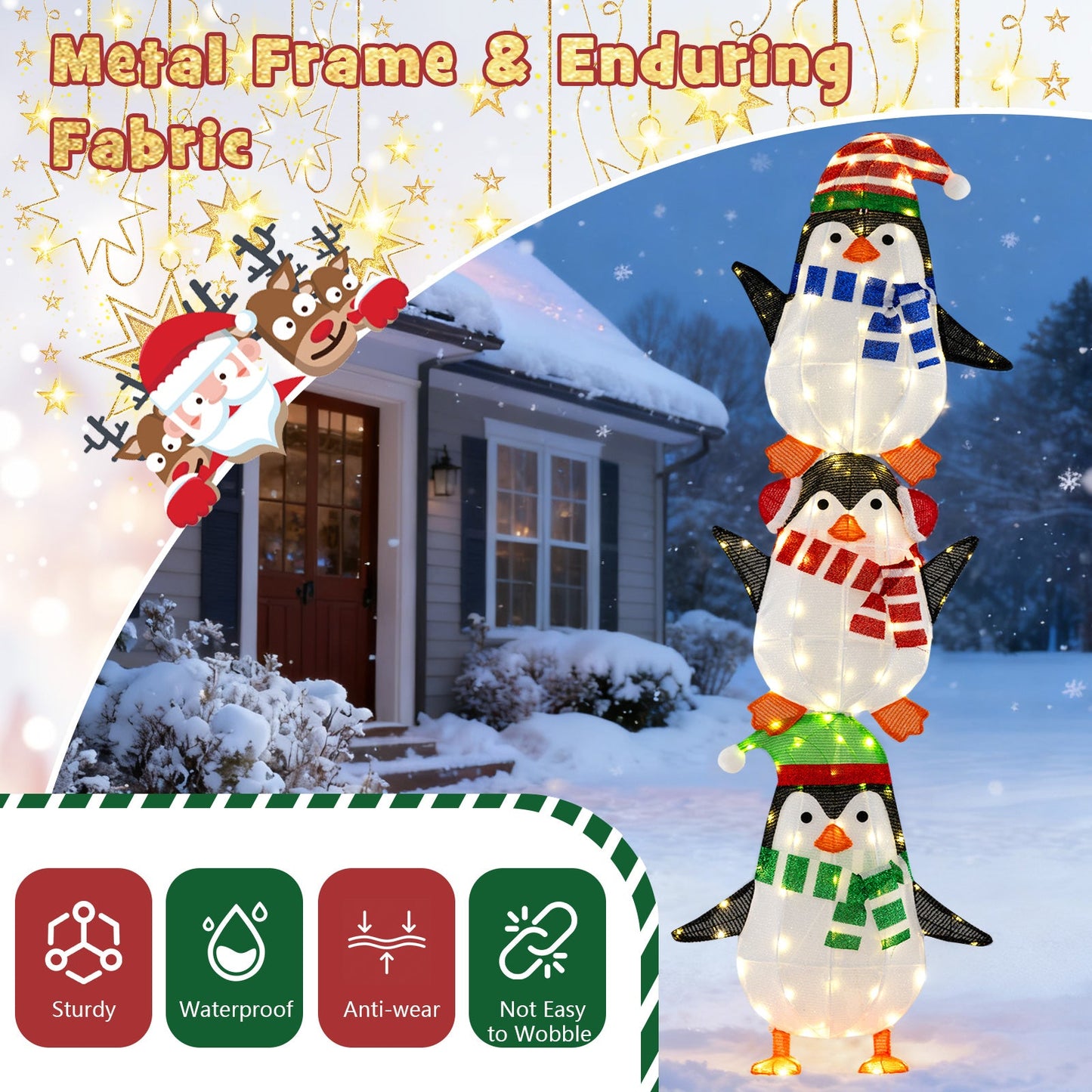 Lighted Penguins Decoration with Warm White Lights and Cute Hats