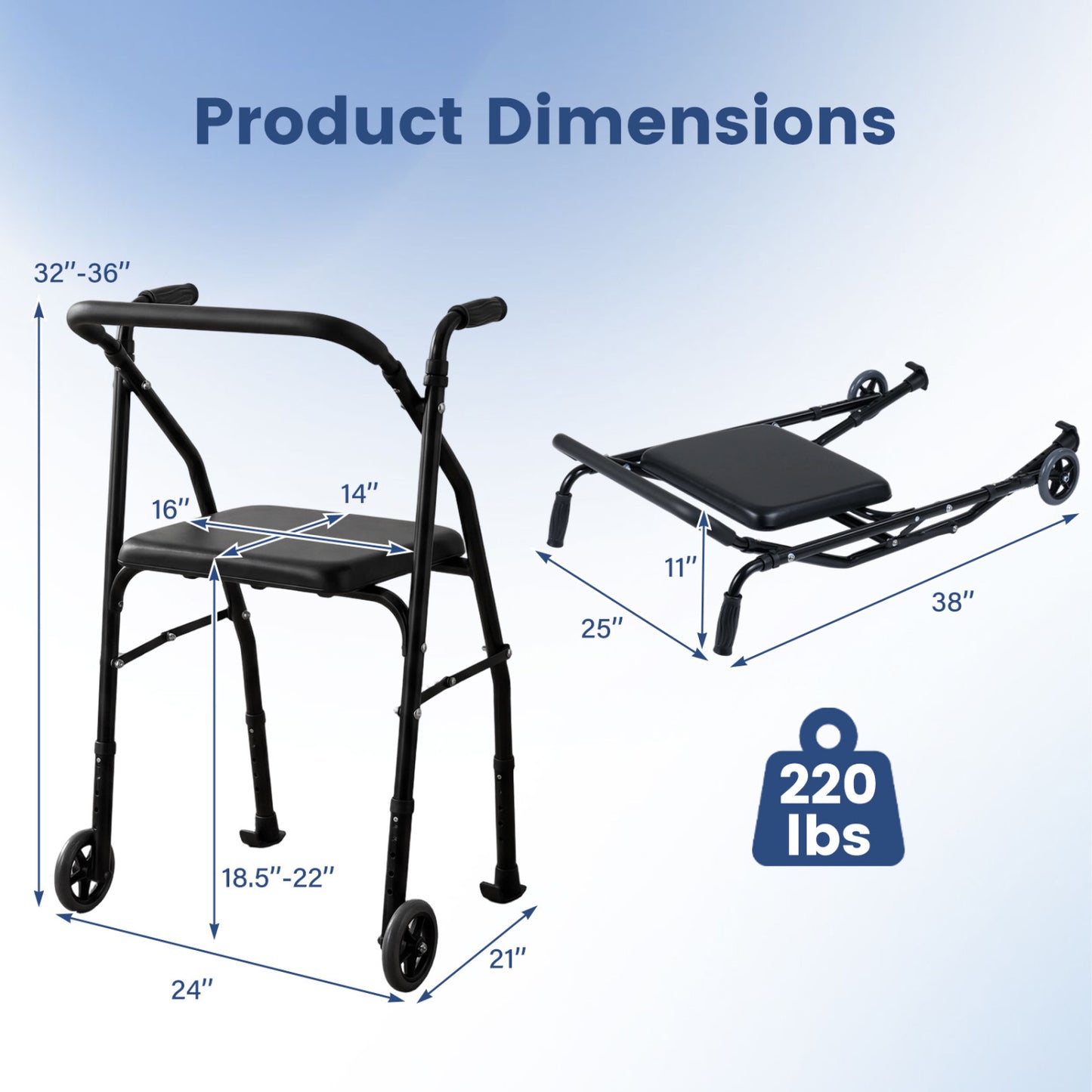 Aluminum Mobility Walker with Padded Seat & 2 Wheels