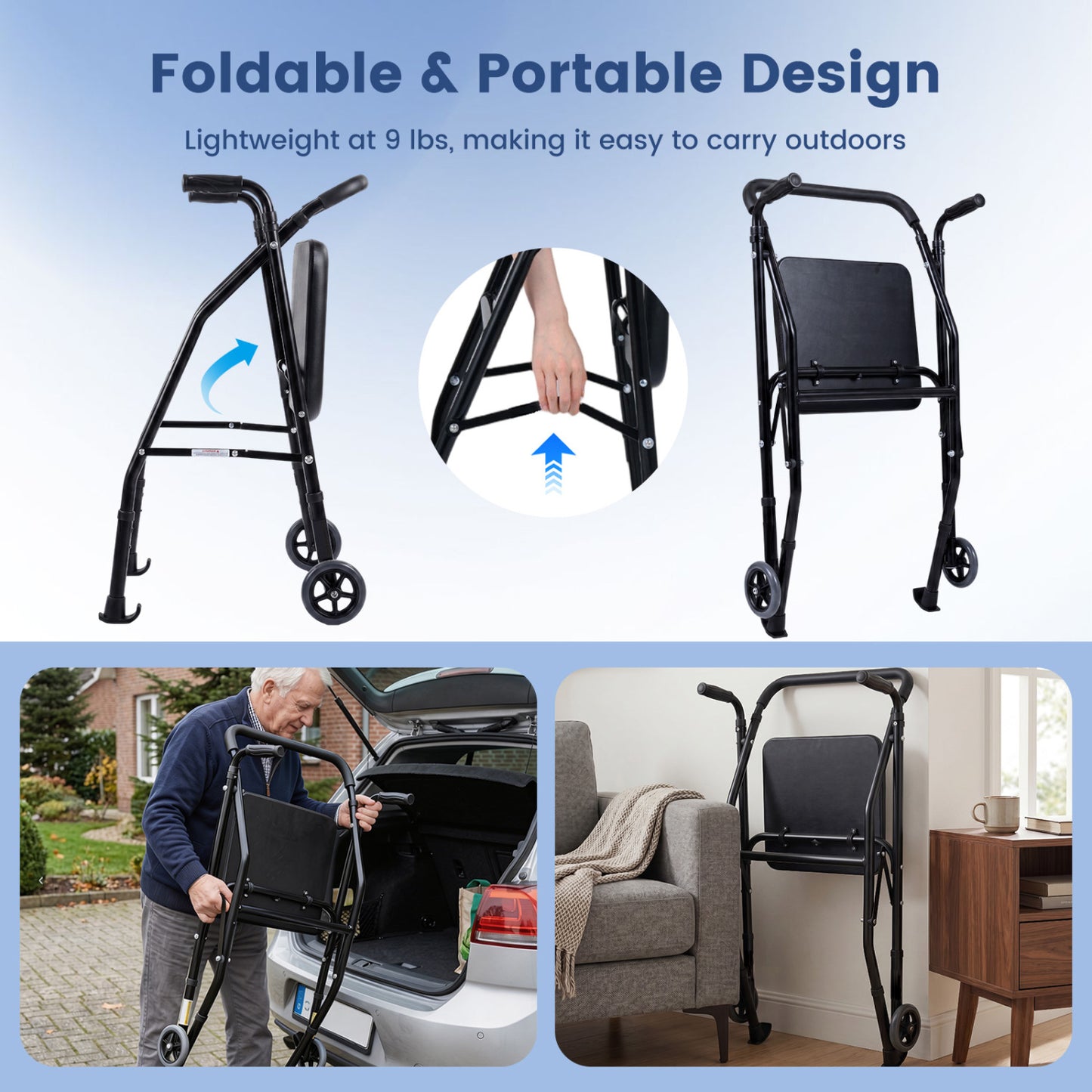 Aluminum Mobility Walker with Padded Seat & 2 Wheels
