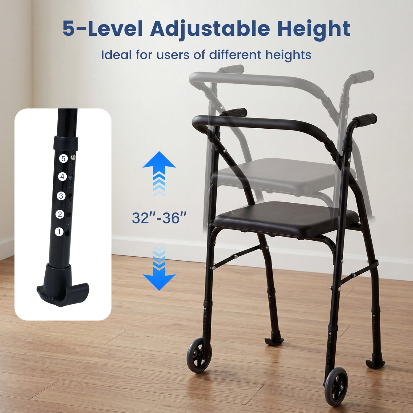 Aluminum Mobility Walker with Padded Seat & 2 Wheels