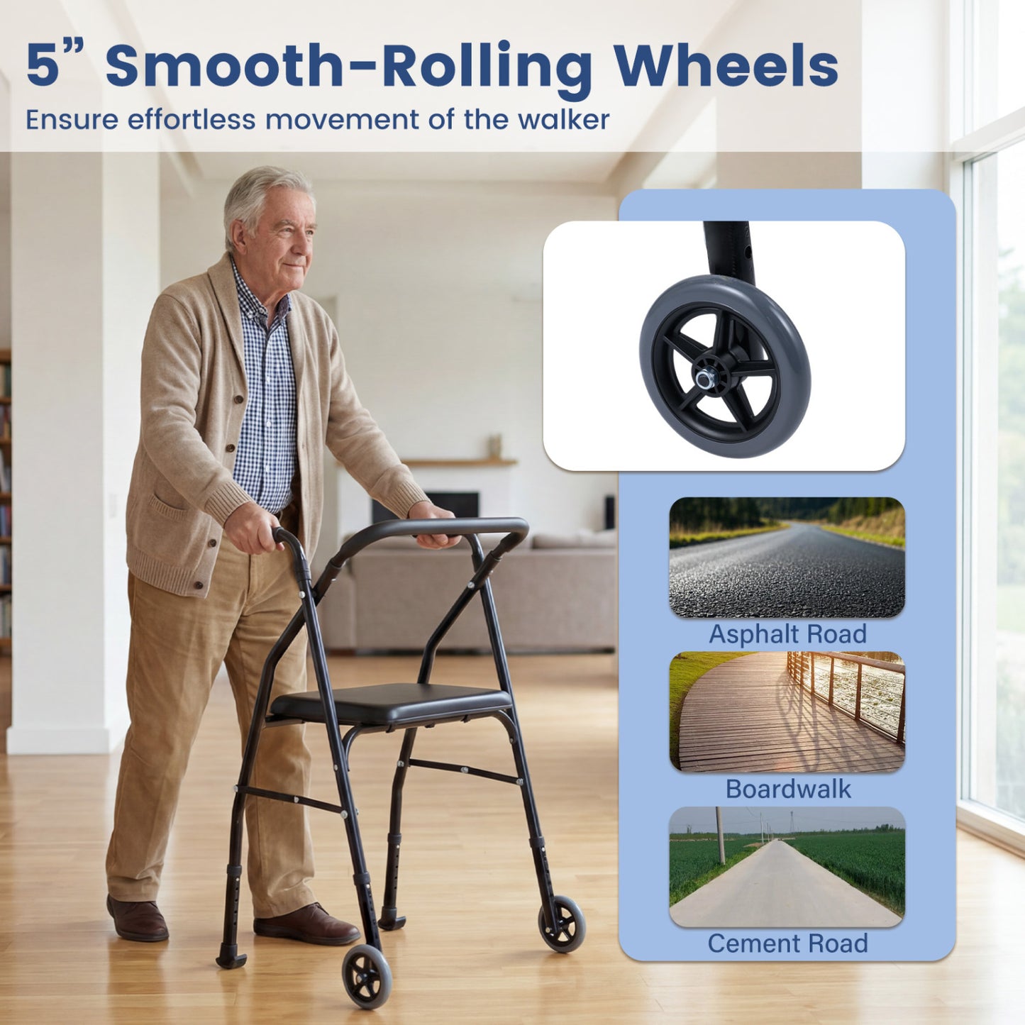 Aluminum Mobility Walker with Padded Seat & 2 Wheels