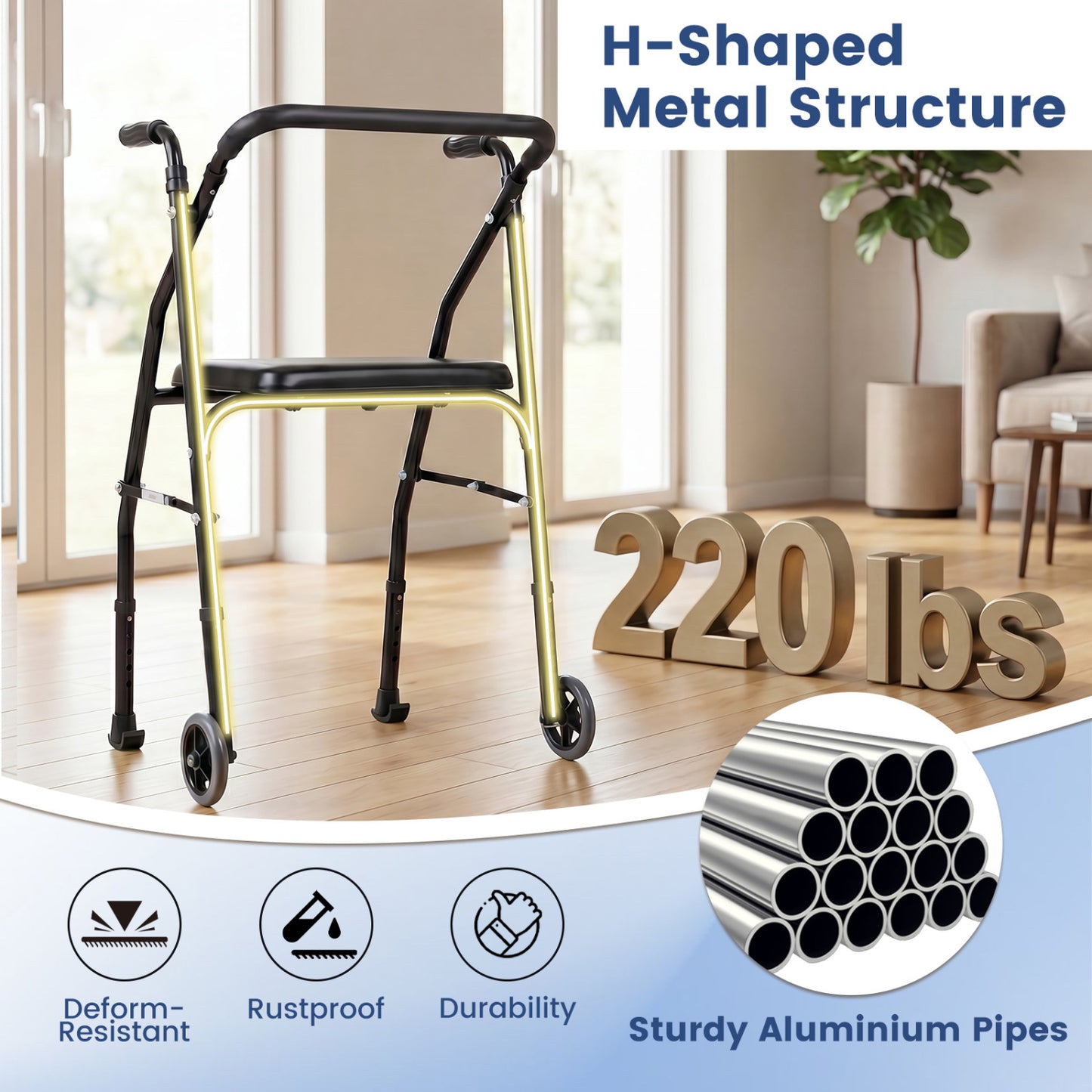 Aluminum Mobility Walker with Padded Seat & 2 Wheels