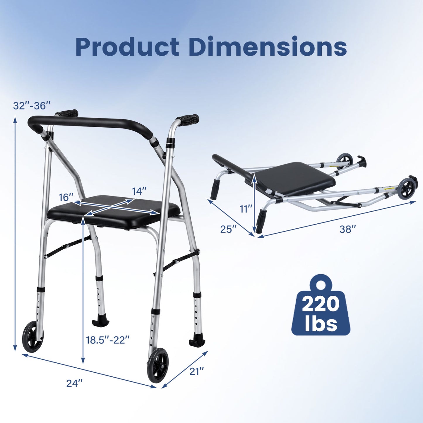 Aluminum Mobility Walker with Padded Seat & 2 Wheels