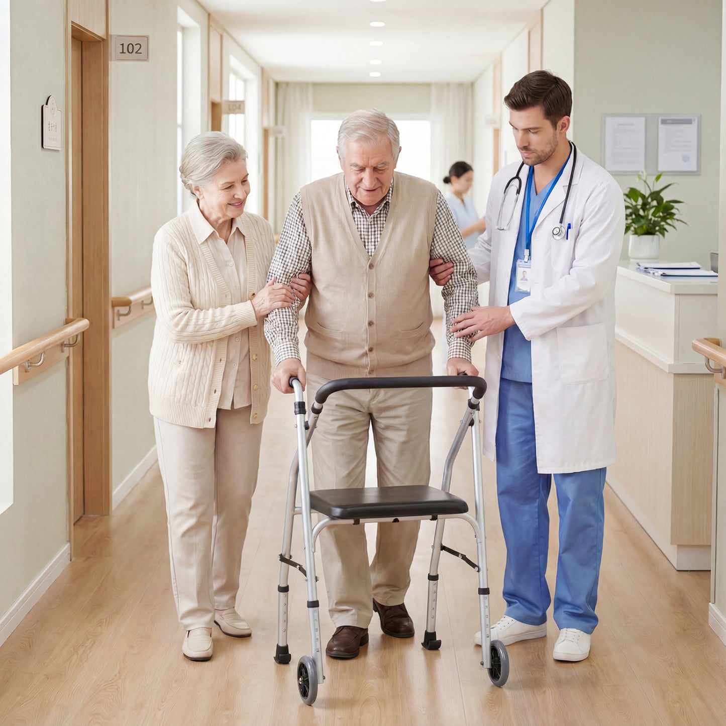 Aluminum Mobility Walker with Padded Seat & 2 Wheels