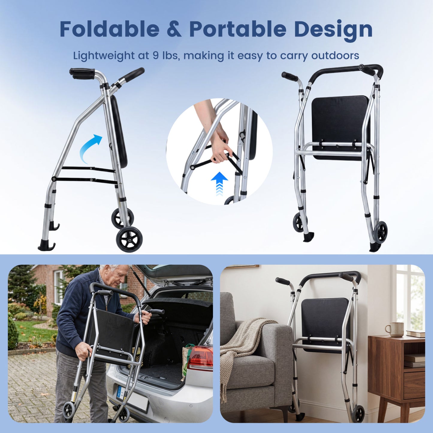 Aluminum Mobility Walker with Padded Seat & 2 Wheels
