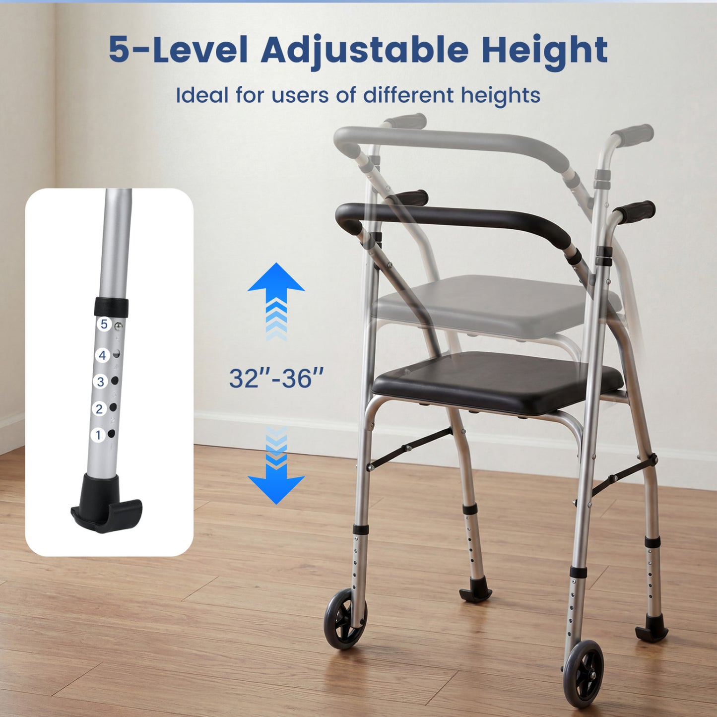 Aluminum Mobility Walker with Padded Seat & 2 Wheels