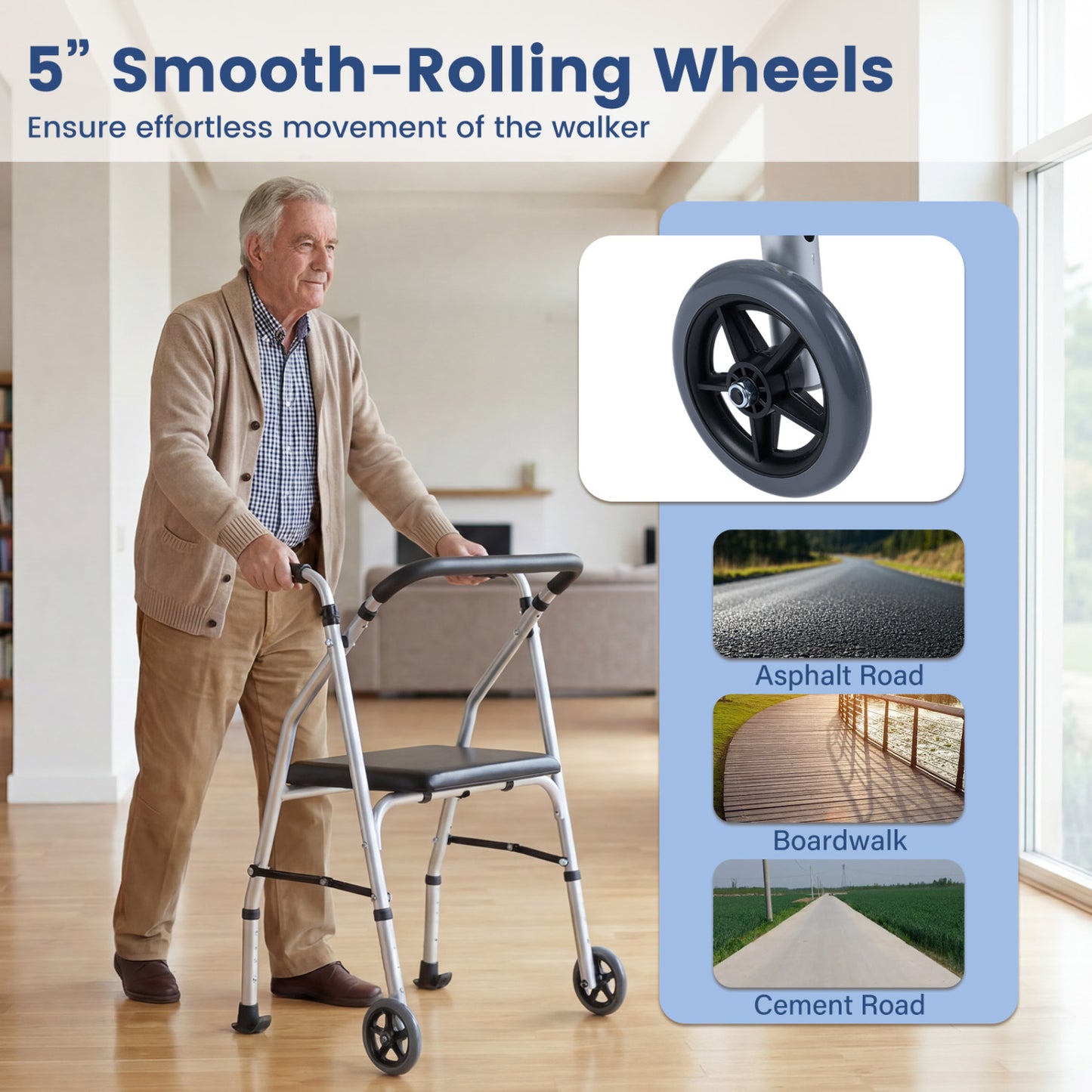 Aluminum Mobility Walker with Padded Seat & 2 Wheels