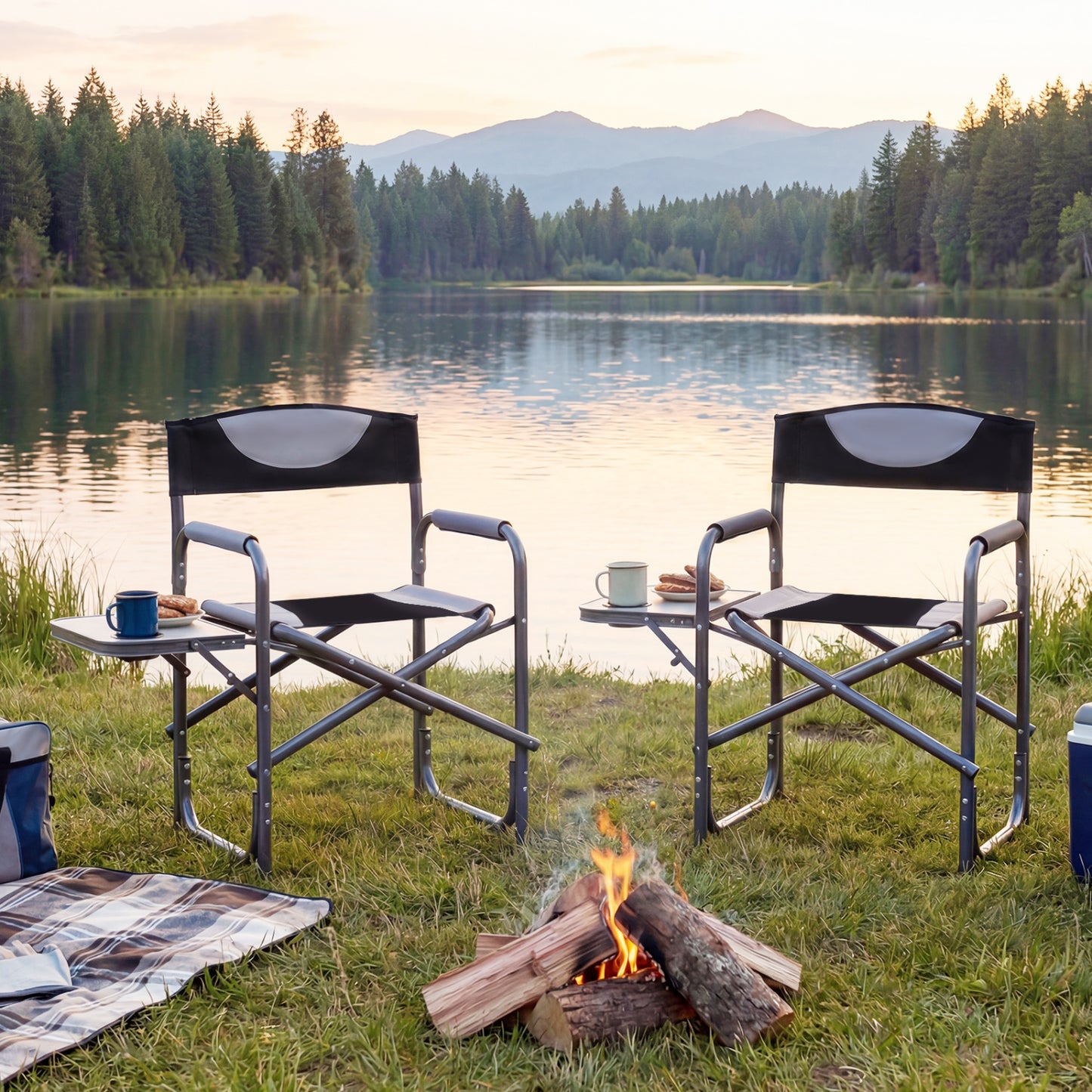 Folding Camping Chair with Side Table and Cup Holder