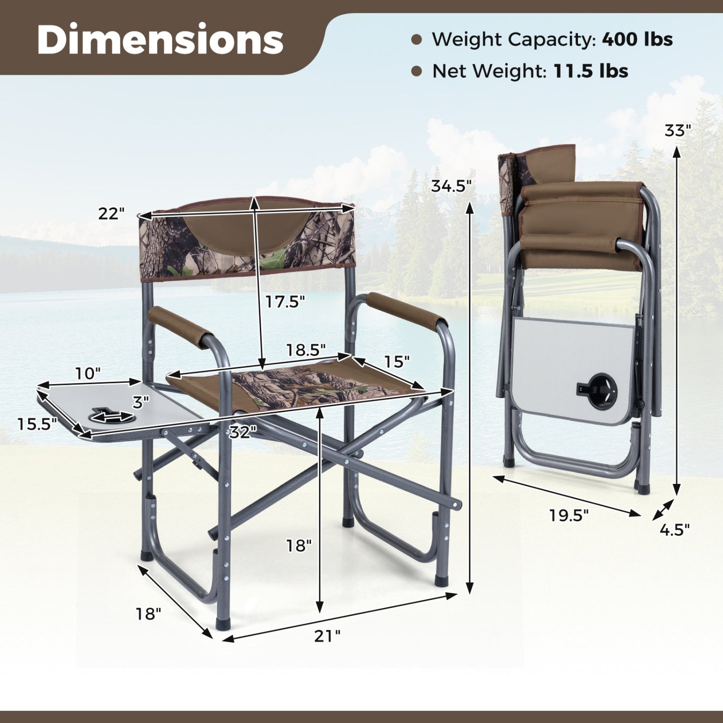 Folding Camping Chair with Side Table and Cup Holder