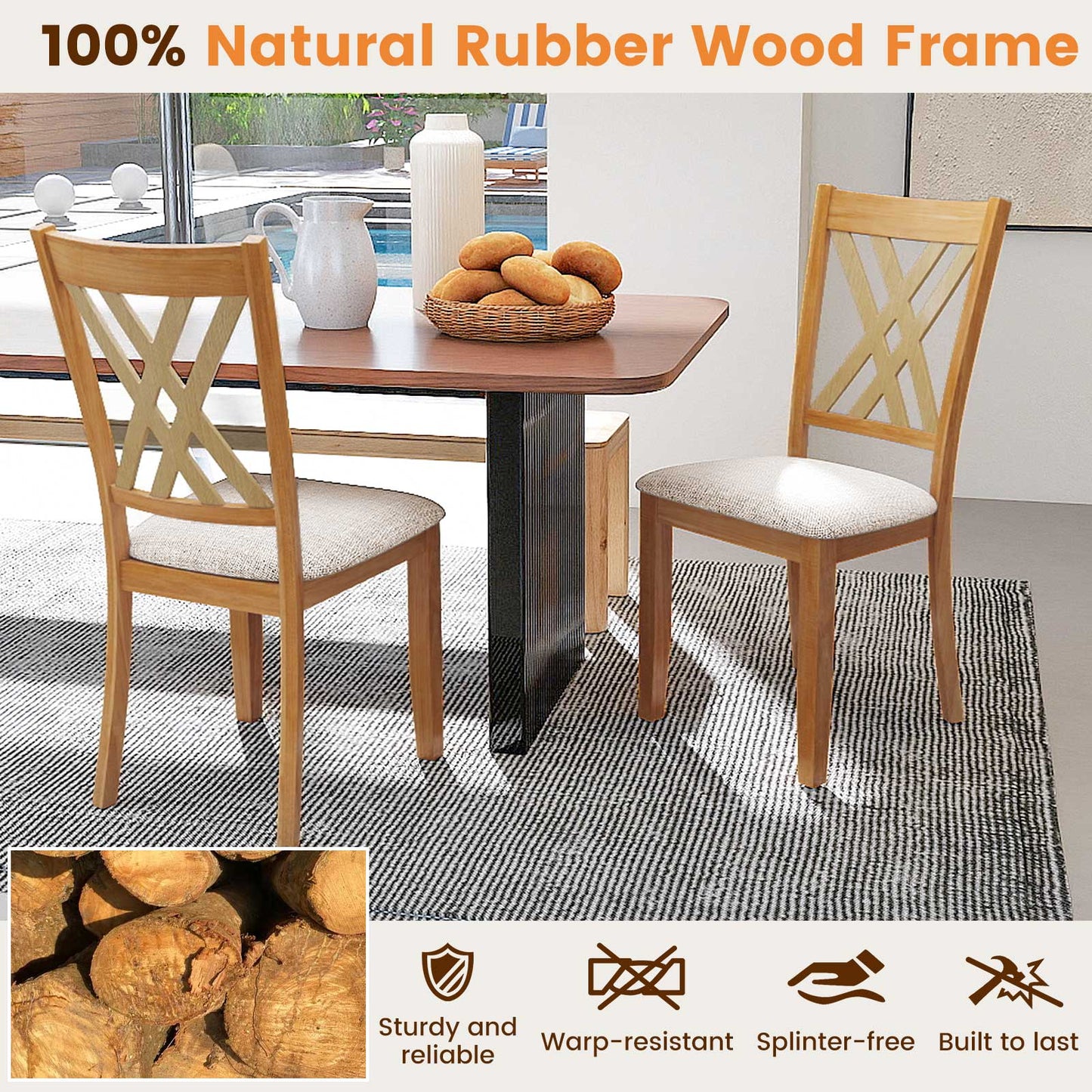 Upholstered Dining Chairs Set of 2 with Rubber Wood Frame