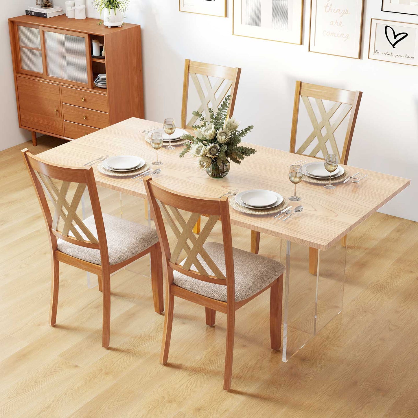 Upholstered Dining Chairs Set of 4 with Rubber Wood Frame