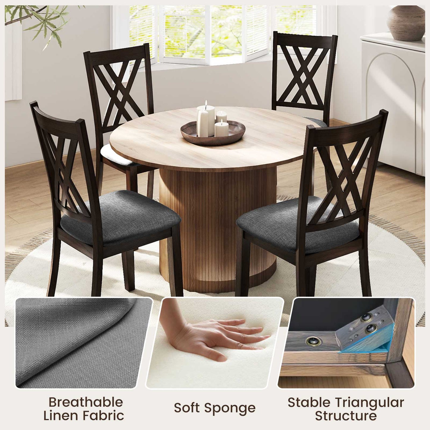 Upholstered Dining Chairs Set of 4 with Rubber Wood Frame