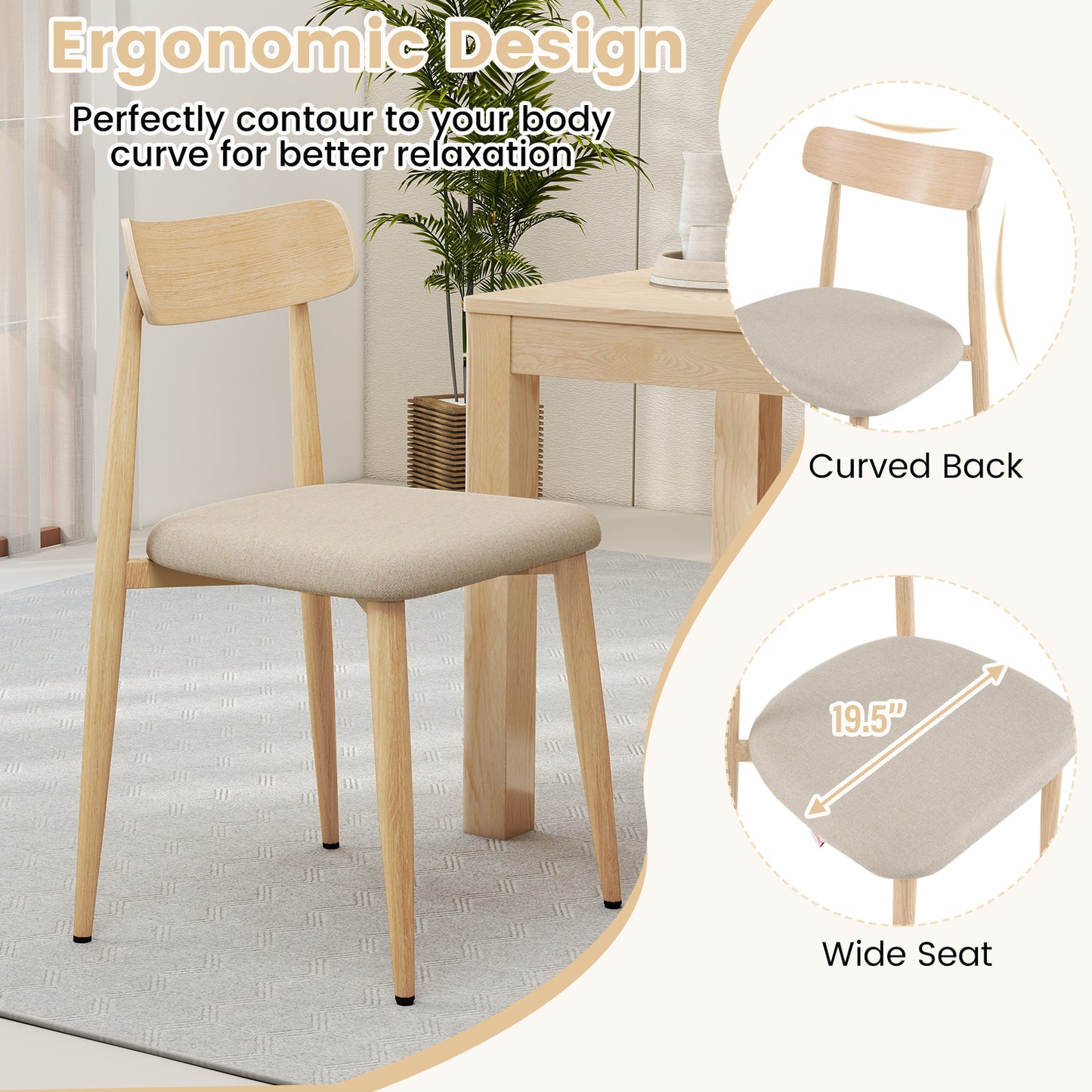 Upholstered Dining Chairs Set of 2 with Curved Back