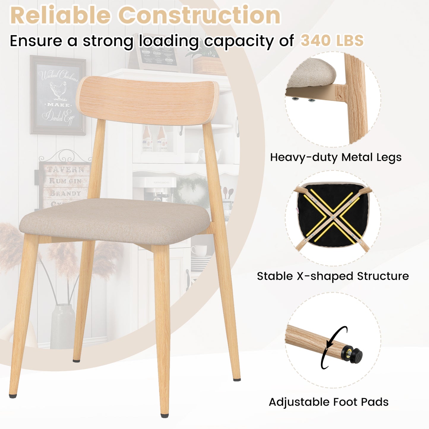 Upholstered Dining Chairs Set of 2 with Curved Back