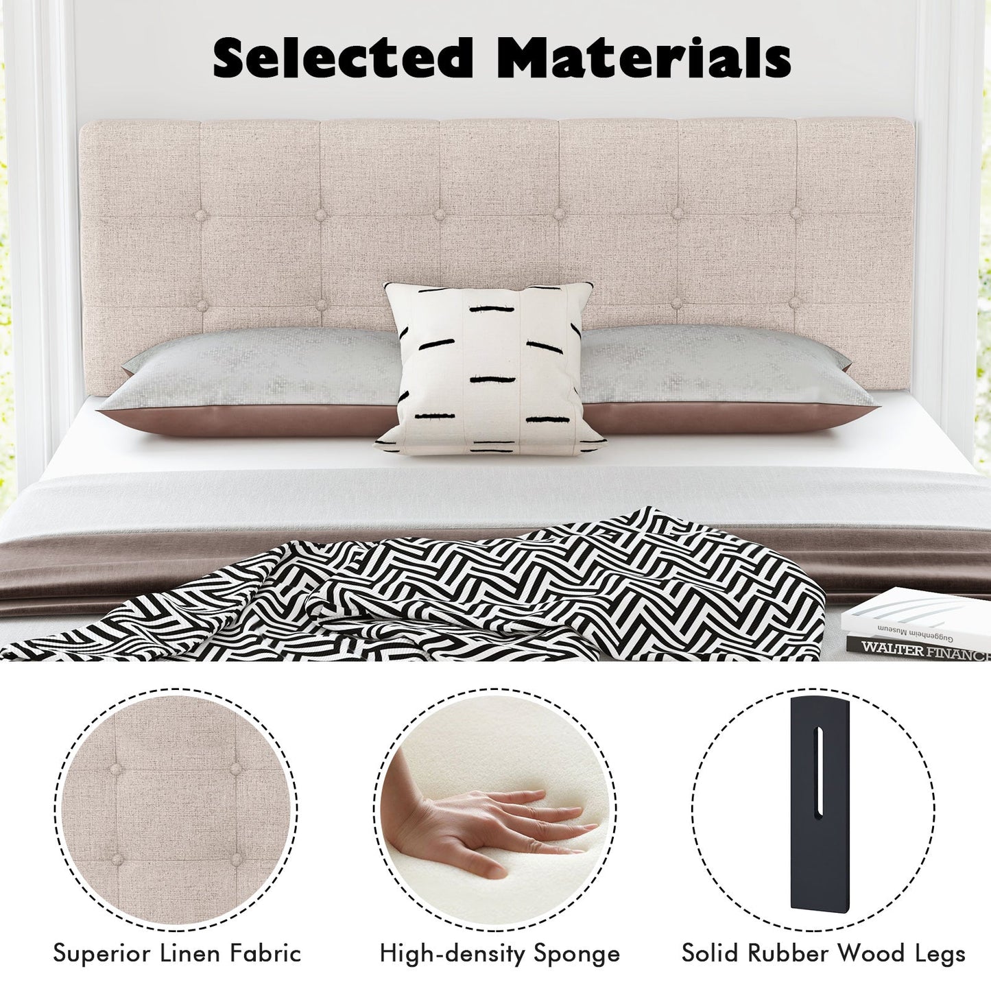 Linen Upholstered Headboard with Solid Rubber Wood Legs