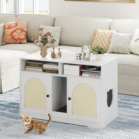 43 Inches Cat Litter Box Enclosure with Storage and Double Rooms-White