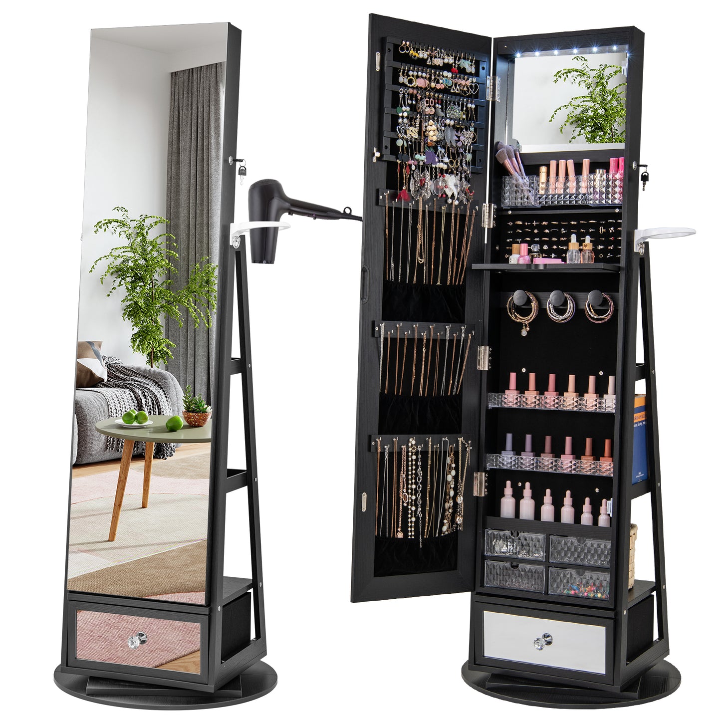 360° Swivel Jewelry Armoire with Full-Length Mirror & LED Lights