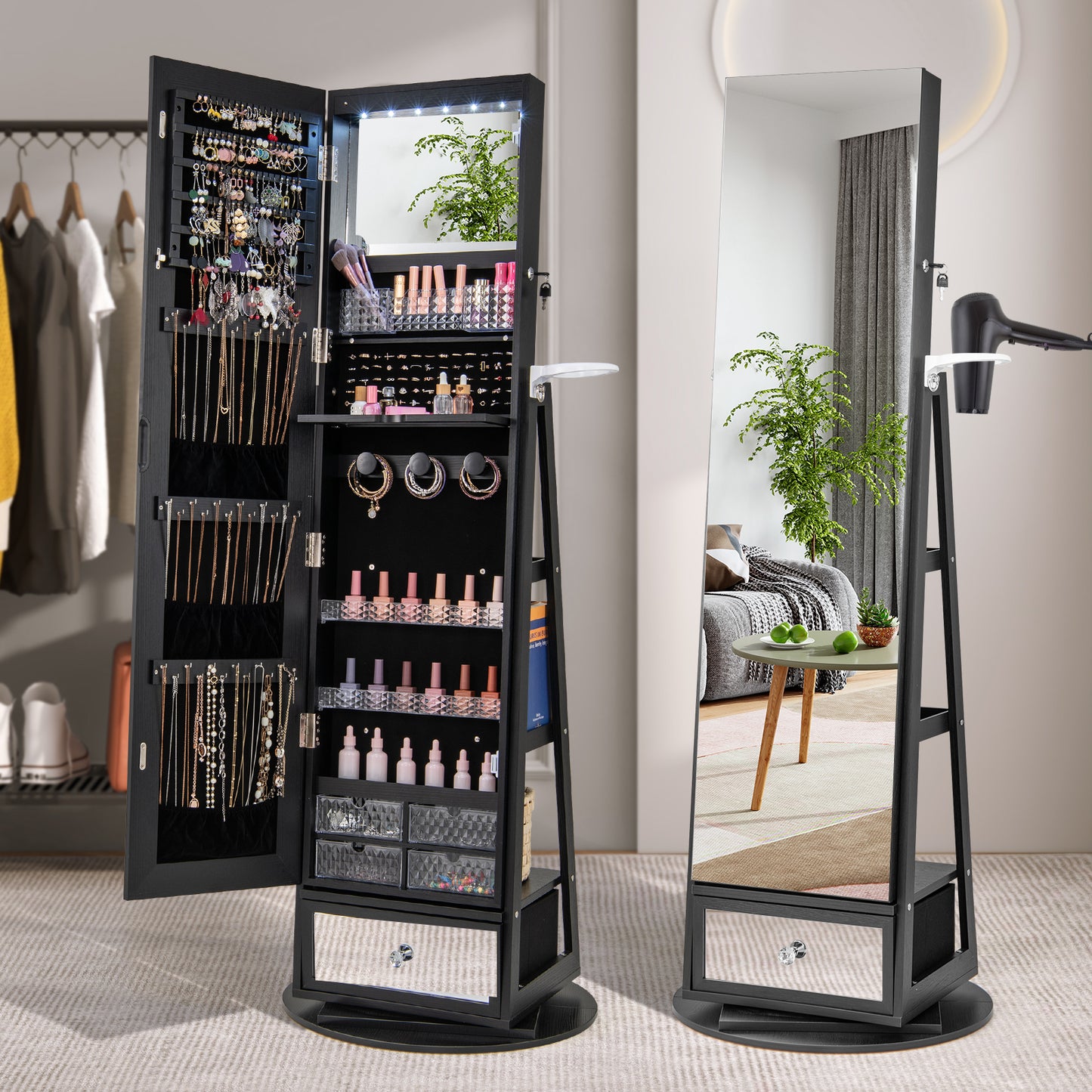 360° Swivel Jewelry Armoire with Full-Length Mirror & LED Lights