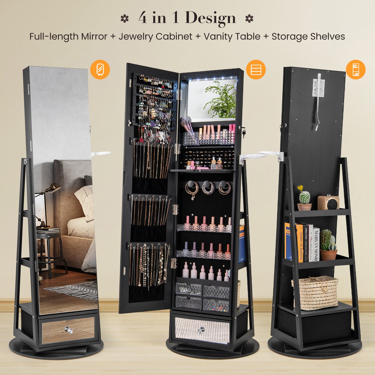 360° Swivel Jewelry Armoire with Full-Length Mirror & LED Lights
